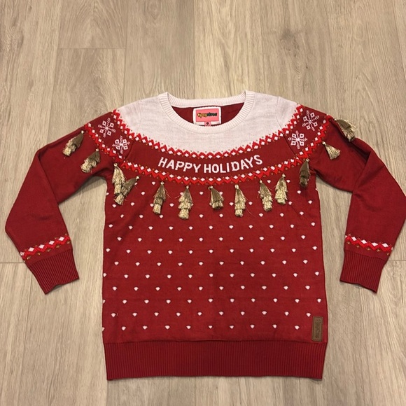 Tipsy Elves women sweater happy holidays sz medium m red tassels Christmas ugly - Picture 1 of 5